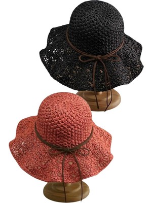 Tezzgelsin Kadın Yazlık Hasır Şapka Örgü Desenli Geniş Kenarlı Bohem Plaj Şapkası 2'li Set