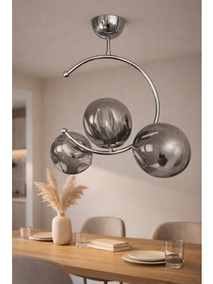 Mars Concept Modern Krom 3'lü Cam Küre Avize - Füme Küre Camlı Sarkıt Avize