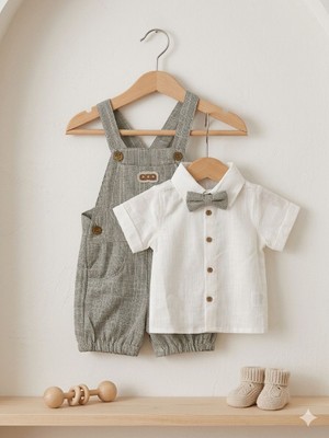 Oryeda 6/18 Ay Erkek Bebek Takım Keten Gömlekli Salopet Yenidoğan Takım