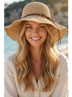 Tezzgelsin Kadın Yazlık Hasır Şapka Örgü Desenli Geniş Kenarlı Bohem Plaj Şapkası