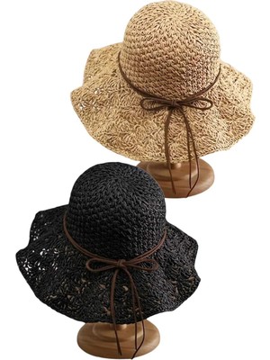 Tezzgelsin Kadın Yazlık Hasır Şapka Örgü Desenli Geniş Kenarlı Bohem Plaj Şapkası 2'li Set