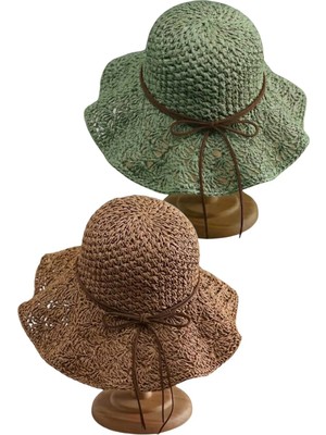 Tezzgelsin Kadın Yazlık Hasır Şapka Örgü Desenli Geniş Kenarlı Bohem Plaj Şapkası 2'li Set