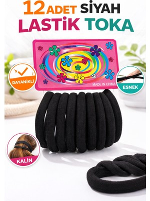 Popüler Sepet 12 Adet Siyah Lastik Toka Kalın Saç Lastiği Dayanıklı Esnek Saç Toplama Tokası Kadın ve Kız Çocuk Saç Aksesuarı