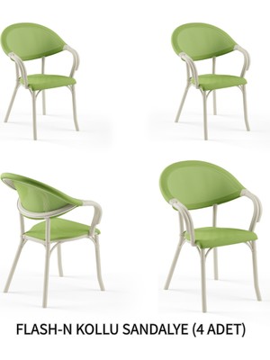 Tilia Flash-N 4 Adet Polipropilen Kollu Sandalye Bej Ayak, Yeşil File - Bahçe, Balkon, Teras, Veranda, Havuz Başı, Dış Mekan, Kafe, Restoran, Otel İçin