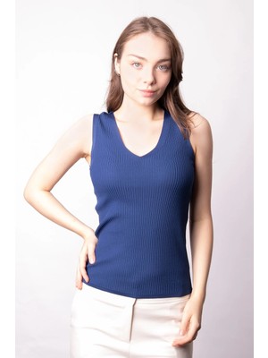 Jument Kadın Likralı Esnek Triko V Yaka Kaşkorse Body Bluz-Lacivert