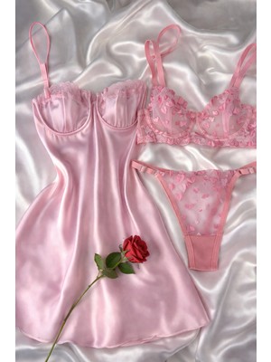 Hama Love Kadın Pembe Kalpli Saten Gecelik İç Çamaşır Takımı