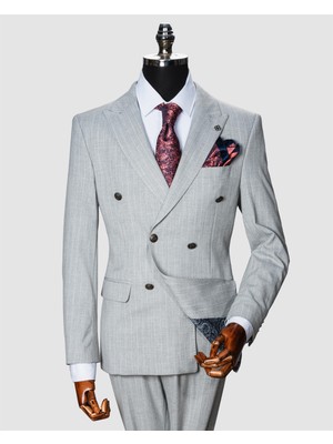 Echol Erkek Slim Fit Beyaz Çizgili Kruvaze Takım Elbise