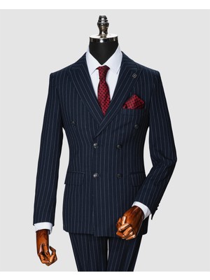 Echol Erkek Slim Fit Beyaz Çizgili Kruvaze Takım Elbise