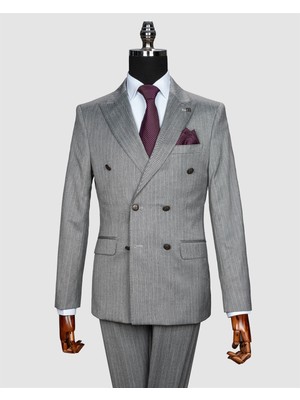 Echol Ech. 2344-28 Gri Kumaş Beyaz Çizgili Kruvaze Takım Elbise