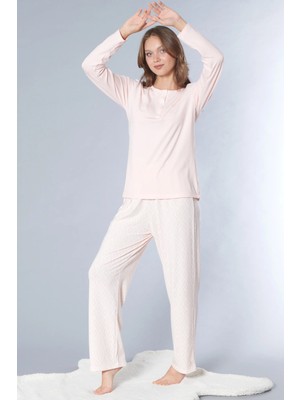 Kadın Uzun Kol Pijama Takımı Boydan Düğmeli Şık Desenli Rahat Ev Giyim Flz 89-135