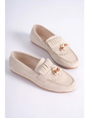 Zerenyus ZR19MS03 Premium Bej Süet Boncuk Detaylı Püsküllü Günlük Loafer Babet
