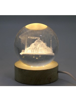 Acstore 3D Kristal Cam Küre Ahşap Soketli Istanbul Temalı LED Lamba ALK2573