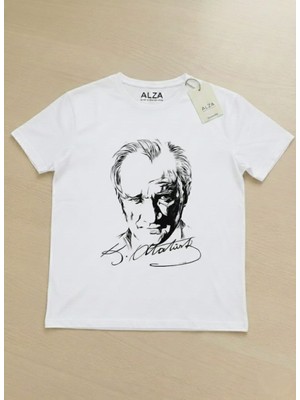 Alza Design Atatürk Imzalı ve Portre Illüstrasyon Baskılı Beyaz Pamuklu T-Shirt