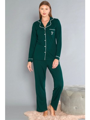 Boydan Düğmeli Uzun Kol Pijama Takımı Rahat Örme Kumaş Ev Giyim Flz 89-122