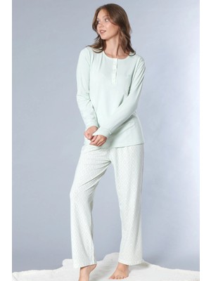 Kadın Uzun Kol Pijama Takımı Boydan Düğmeli Şık Desenli Rahat Ev Giyim Flz 89-135