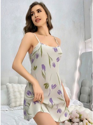 Marsilyan Kadın Beyaz Çiçekli Desenli Askılı Gecelik 5109