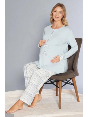 Lohusa  Hamile Uzun Kol Pijama Takımı Nakış Detaylı Flz 25-10