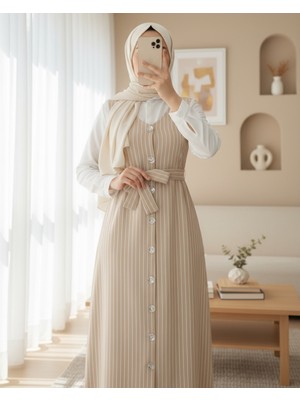 Modamorfo Boydan Düğmeli Kuşaklı Çizgili Jile   -Bej