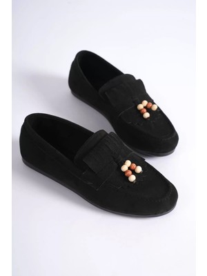 Zerenyus ZR19MS03 Premium Siyah Süet Boncuk Detaylı Püsküllü Günlük Loafer Babet