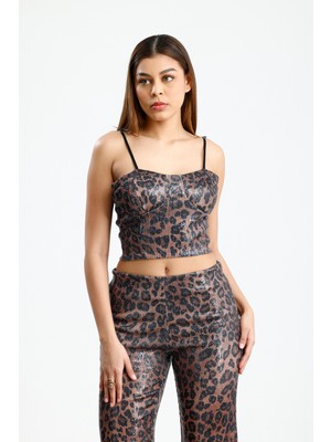 Sense Gloplu Fermuarlı Pul Payet Bustiyer | BUS32675 Kahve Siyah Leopar