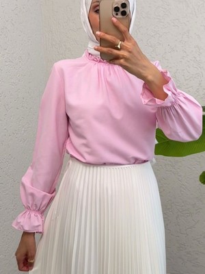 Modamorfo Yakası Büzgülü Bluz     -Pembe