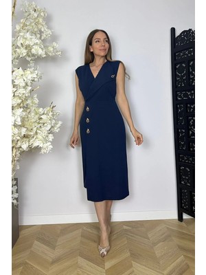 G1757 Kruvaze Yaka Düğme Detaylı Elbise Lacivert