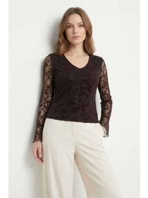 Rays Kahve V Yaka Ispanyol Kol Dantelli Bluz 8518A