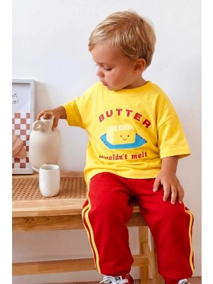 Monila Erkek Çocuk Pamuklu Sarı Tereyağı Baskılı T-Shirt ve Kırmızı Eşofman Alt Üst Takım