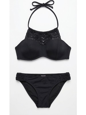 Siyah Makrome Içi Boş Kap Bikini Takım