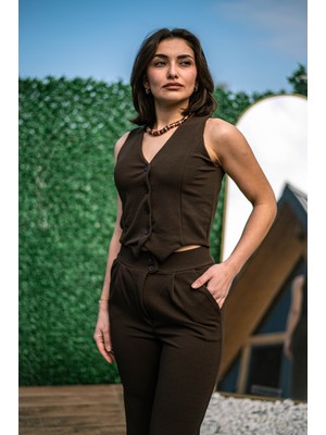 Flow Kahverengi Krep Kumaş Yelekli Pantolon Takım