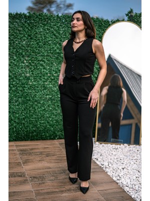 Flow Siyah Krep Kumaş Yelekli Pantolon Takım