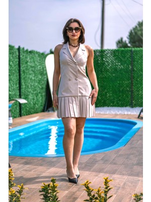 Bej Blazer Çentik Yaka Elbise