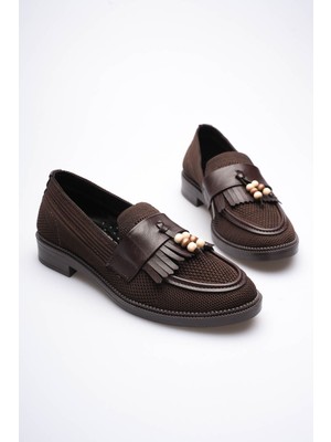 Zerenyus ZR30MS01 Premium Acı Kahve Boncuk Püsküllü Günlük Kısa Topuklu Babet