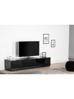 Sonorous Studio Serisi Cam Kaplama Televizyon Sehpası 200 cm Modern Minimal 85'' Inç Tv Sehpası Tekerlekli