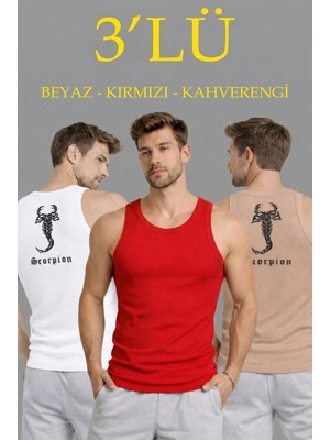 Marsilyan Erkek Spor Fitilli Kaşkorse Arka Basklı Atlet 3'lü Set Beyaz-Kırmızı-Kahverengi