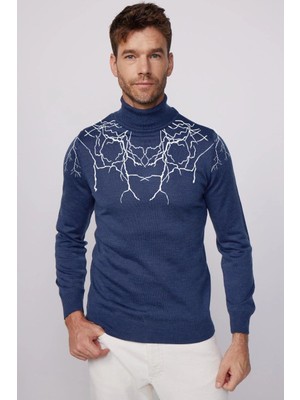 Marsilyan Baskılı Tam Boğazlı Uzun Kol Dokuma Triko - Indigo