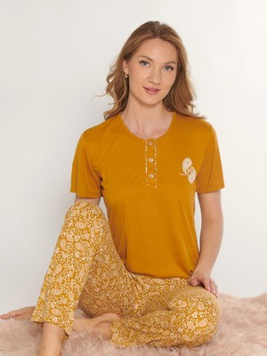 Kadın Tişört Pantolon Pijama Takımı Rahat Ev Giyim Uzun Alt Kadın Pijama Takımı Dowry 08-133