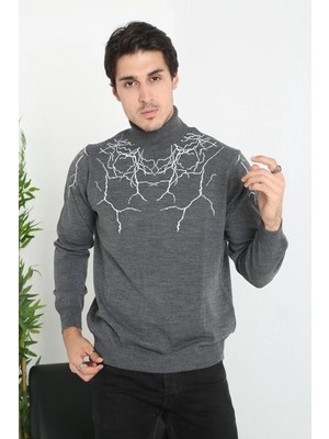 Marsilyan Baskılı Tam Boğazlı Uzun Kol Dokuma Triko - Antrasit