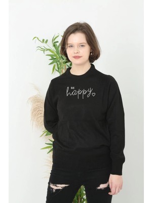 Marsilyan Baskılı Uzun Kol Yarım Boğazlı Dokuma Triko - Siyah