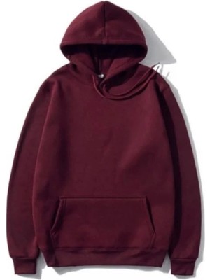 Marsilyan Kadın 3 Iplik Pamuklu Kapüşonlu Kanguru Cepli Düz Hoodie Sweatshirt - Bordo