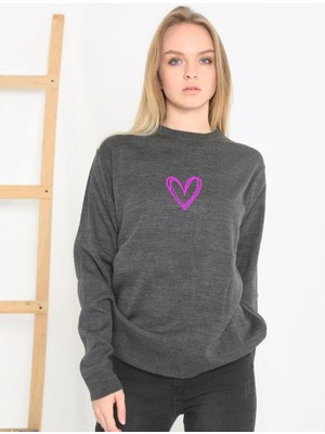 Marsilyan Kadın Bisiklet Yaka Kazak Baskılı Dokuma Triko - Füme