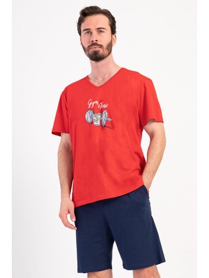 Vienetta Erkek V Yaka Kısa Kol Şortlu Baskılı %100 Pamuk Kırmızı Pijama Takımı C8T6N1904