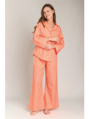 Lovely Things Suzıe Poplin Çizgili 3/4 Kol Gömlek Pijama Üstü - Turuncu