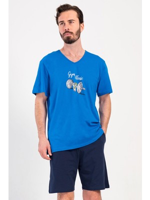 Vienetta Erkek V Yaka Kısa Kol Şortlu Baskılı %100 Pamuk Mavi Pijama Takımı C8T6N1904