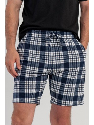 Vienetta Erkek Lacivert Kareli Rahat Kalıp %100 Pamuk Pijama Şortu C9T7N1305