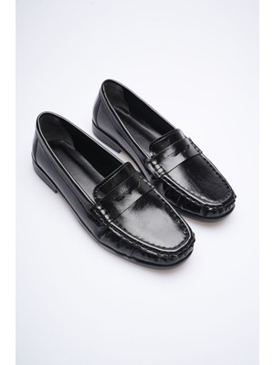 Zerenyus Premium Siyah Parlak Deri Görünümlü Penny Babet Loafer