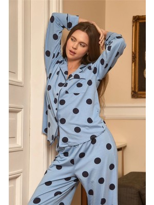 Lovely Things Luna Örme Puanlı Gömlek Pijama Üstü - Mavi