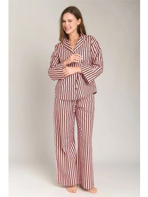 Lovely Things Suzıe Poplin Çizgili 3/4 Kol Gömlek Pijama Üstü - Acı Kahve