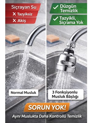 Marsilyan 360° Döner Krom 3 Fonksiyonlu Musluk Başlığı | Sıçramasız, Basınçlı ve Su Tasarruflu
