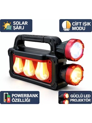 Mustran Güneş Enerjili Powerbankli Şarjlı Güçlü Işıldak Sos 3 Işık Modlu Avcılık Kamp Outdoor Lambası